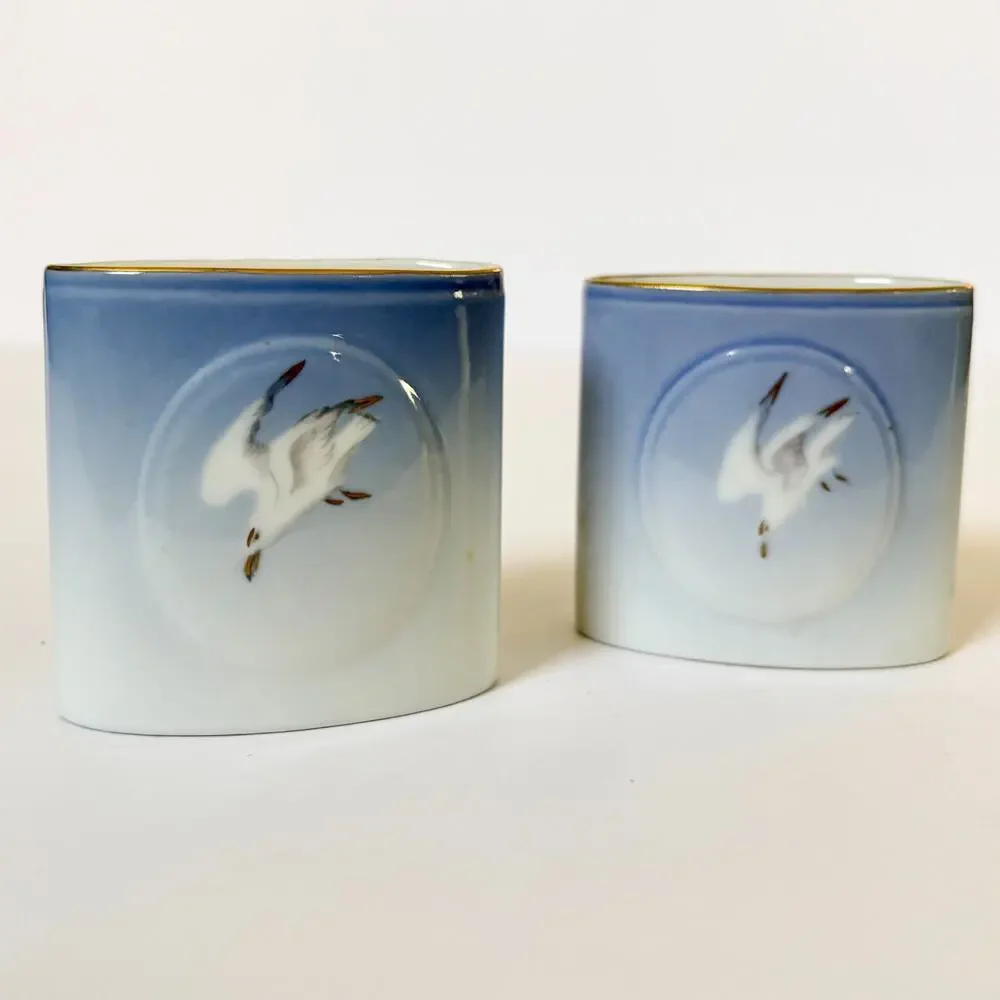 Porcelain Vase Pair Seagull Bing Grondahl Denmark Ceramic 2.5in Blue Danish MCM